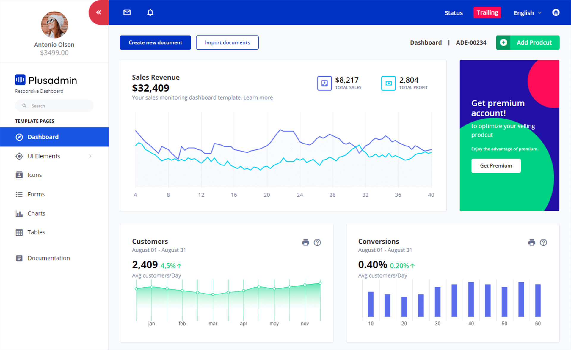 Plus Admin – 免费Bootstrap 4 HTML5管理仪表盘模板