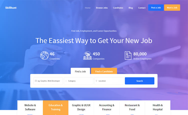 Skillhunt – 免费 Bootstrap 4 HTML5 招聘网站模板