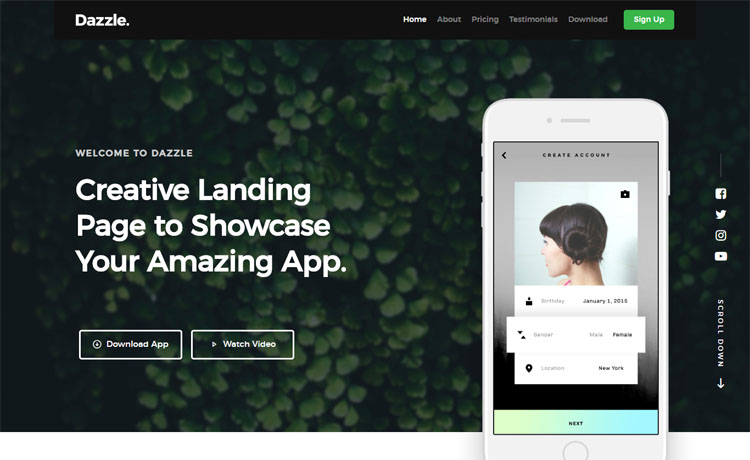 Dazzle – 免费响应式HTML5应用着陆页模板展示软件和移动应用程序