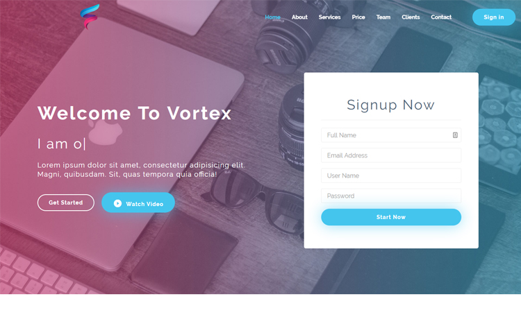 Vortex – 免费HTML5 Bootstrap着陆页模板用于商务网站