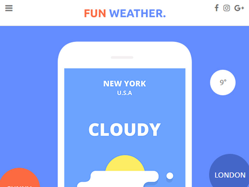 FunWeather – 响应式应用程序着陆页Bootstrap模板免费下载