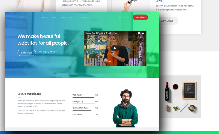 Hydro – 免费HTML5作品集网站模板带有渐变和耀眼色彩