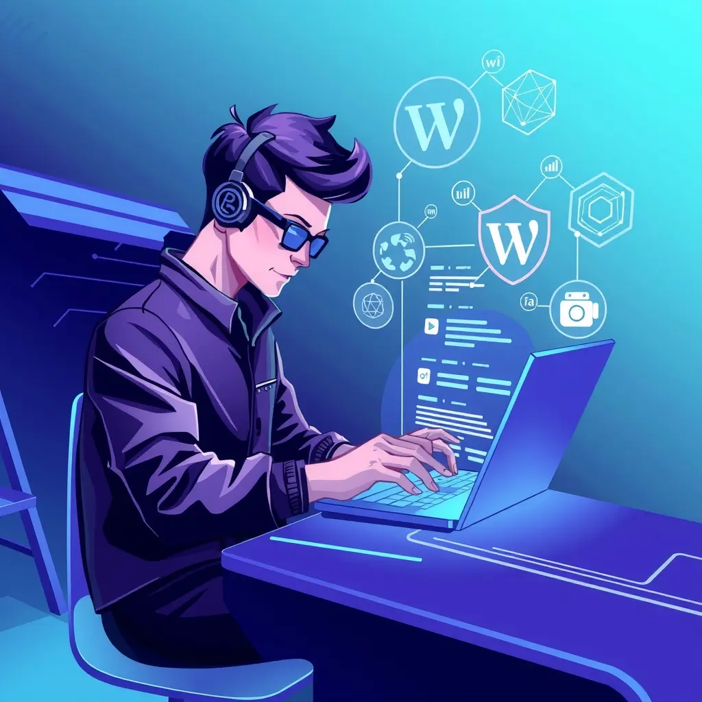 A futuristic, sleek illustration of a developer coding on a holographic interface, with symbols representing different web technologies floating around. The color palette is a blend of cool blues and purples, giving the scene a high-tech feel.