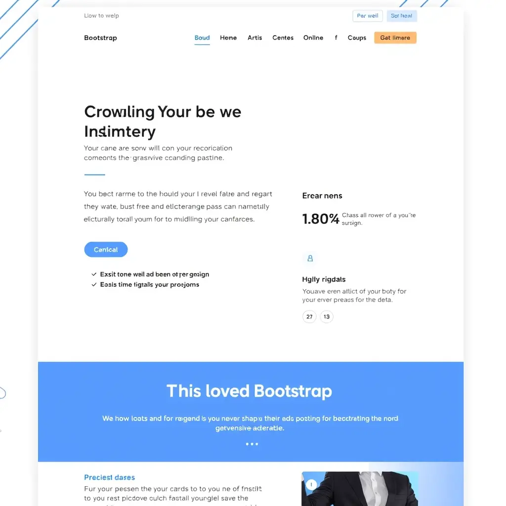 使用Bootstrap元素（如导航栏、按钮和卡片）设计的简洁现代网页布局。设计简约，背景为白色，蓝色强调，突出使用Bootstrap创建网站的便捷性和简洁性。