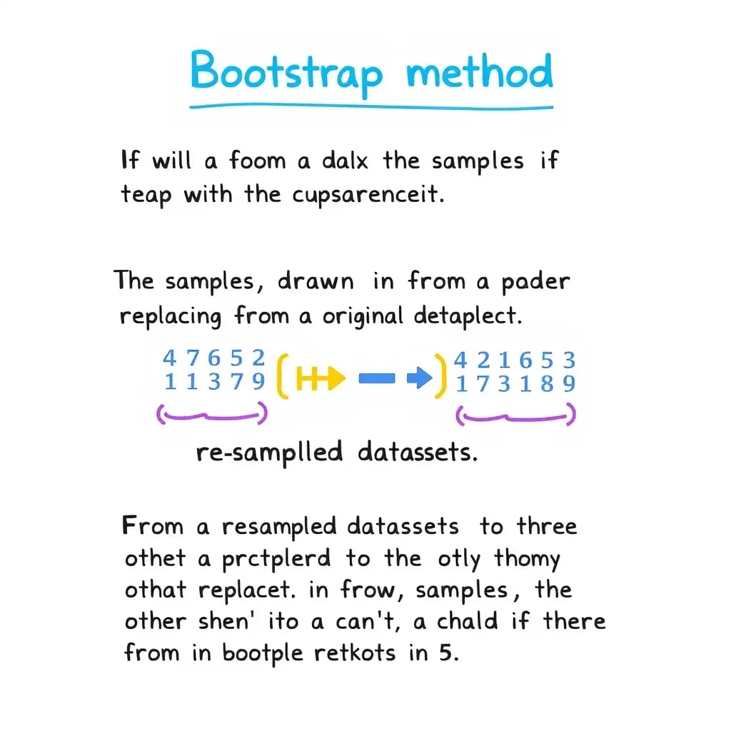 一张清晰简明的图表，解释了统计学中的Bootstrap方法，重点展示了如何从原始数据集中有放回地抽取样本以形成多个重抽样数据集。背景为干净的白色，蓝色强调以增加清晰度。