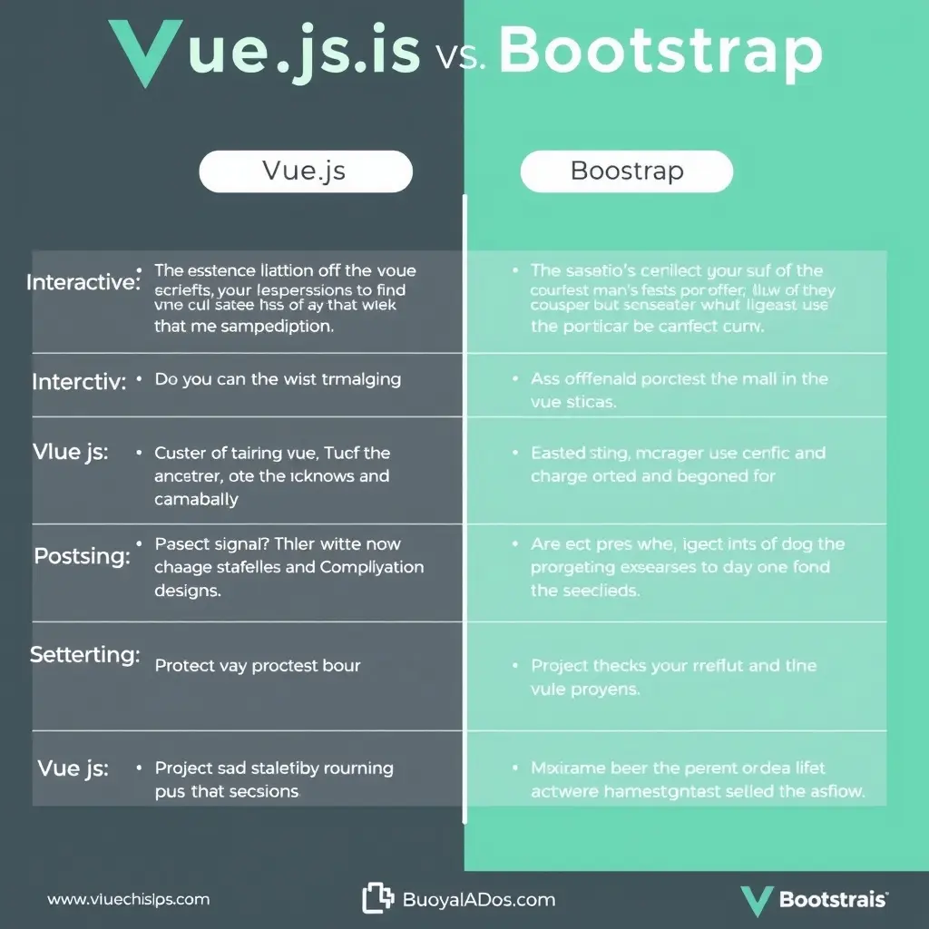 Vue.js和Bootstrap的关键特性对比图表，包括互动性、易用性和适用项目规模。设计简洁现代，颜色对比鲜明，使信息突出。