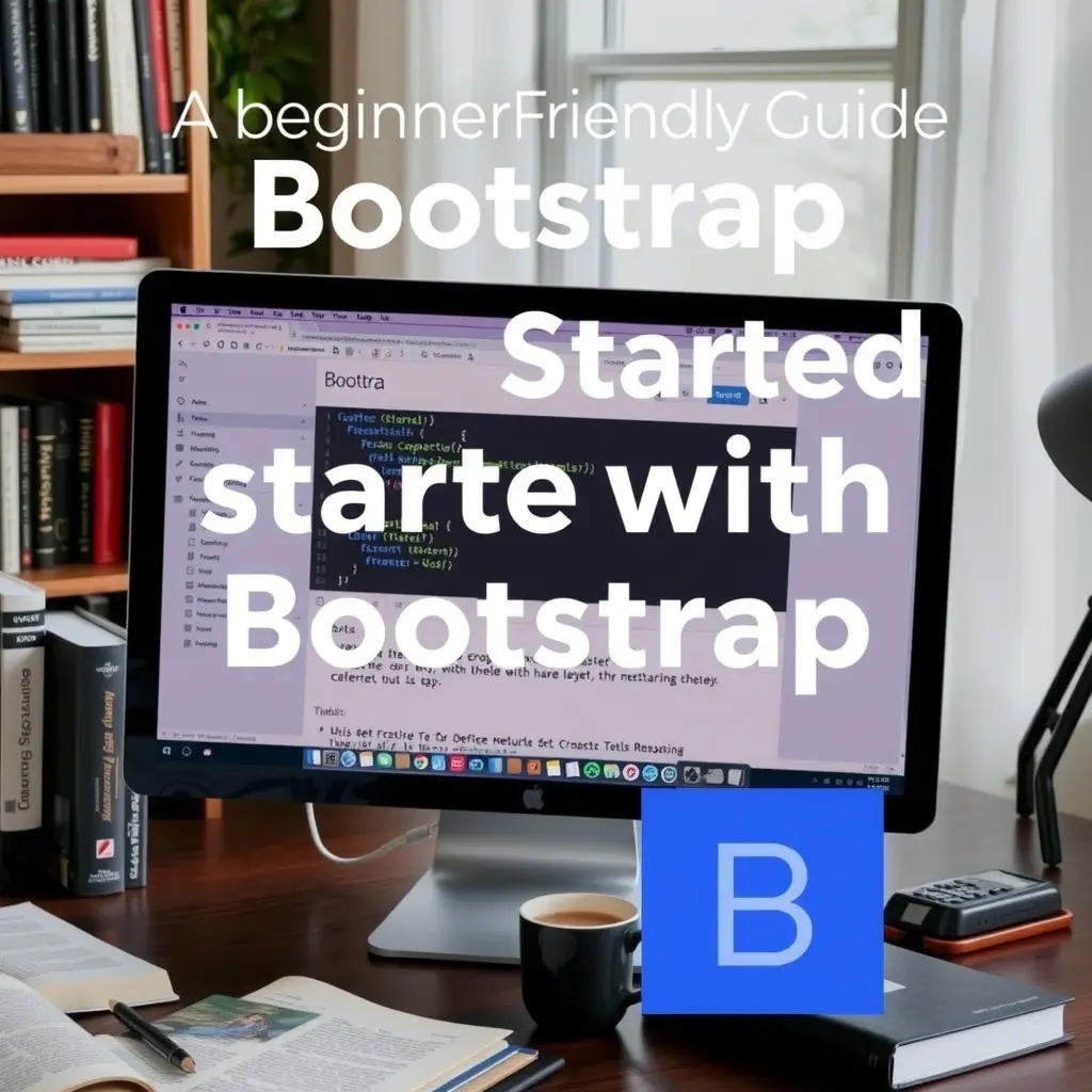 一个适合初学者的Bootstrap入门指南，展示了一个使用Bootstrap组件构建的简单网页。周围的环境包括书籍、咖啡杯和一个舒适的办公空间，营造出一种学习和创造的氛围。