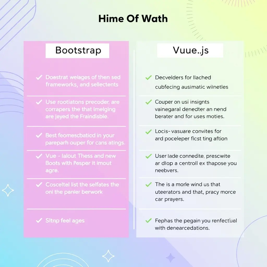 比较图表，分为“Bootstrap”和“Vue.js”两栏，突出显示每个框架的关键特性和使用案例。背景为干净、现代的设计，使用淡色调，使信息易于阅读和理解。