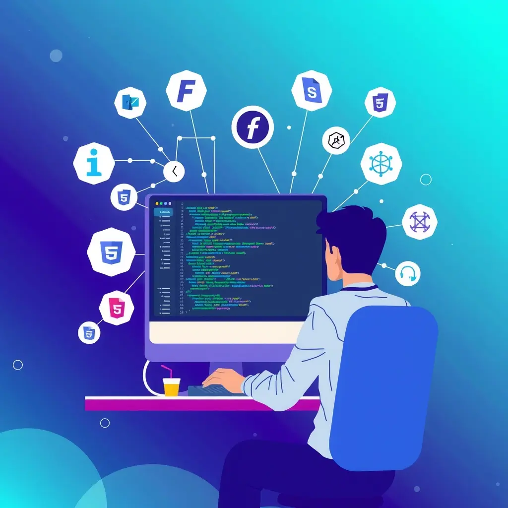 A modern, sleek illustration of a developer working on a computer with multiple code editors open, surrounded by icons representing different programming languages and frameworks. The background features a gradient of cool blues and purples, symbolizing the ever-evolving world of web development.