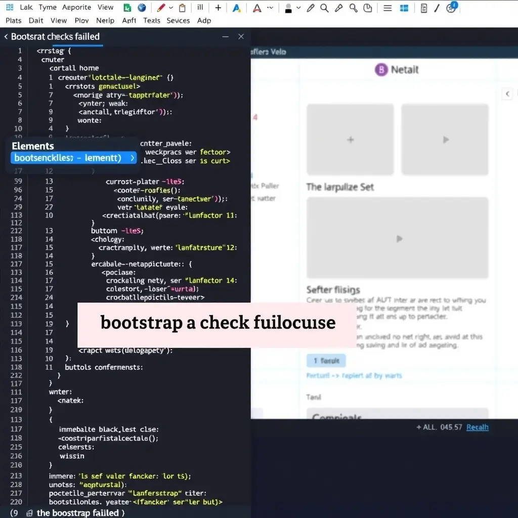 一个干净现代的网页开发环境，代码编辑器显示与Bootstrap相关的代码。背景中有正在设计的网站布局，突出显示可能导致'bootstrap checks failed'的元素，如按钮和表单。